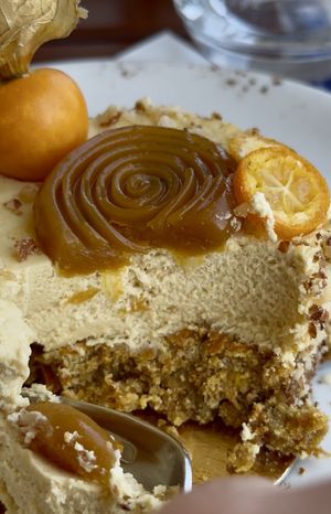 Carrot cake with exotic fruit mousse  at Apátsági Rege Cukrászda in Tihany
