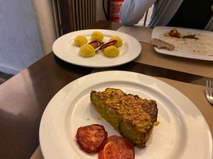 Croquetas de bacalao y quiche de verduras at Agape in Vic
