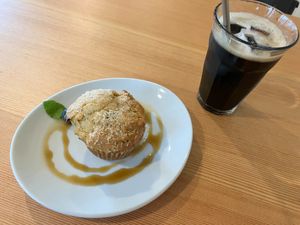 Vegan muffin and iced Inka Coffee (grain coffee) at Alishan Park アリサンパーク in Tokyo