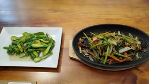 Baby pumpkin with garlic, Bí Nụ Xào (Bơ Tỏi); Teppanyaki fish in pepper, Thiết Bảng Ngư (Cá Chạy Sốt Tiêu) at Bà Xã in Ho Chi Minh City