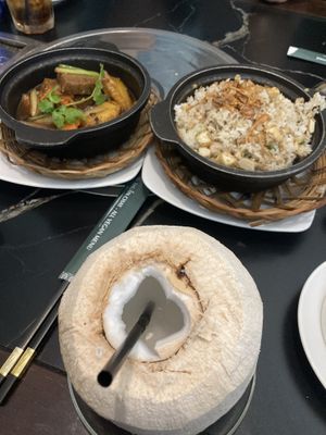 Vegan mackerel, signature rice and fresh coconutt  at Bà Xã in Ho Chi Minh City