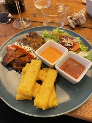 Vegetable fritters with “bacon” and polenta fries   at Le Jardin in Biarritz