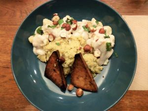 Smoked tofu, polenta, cauliflower, hazelnuts at Le Jardin in Biarritz