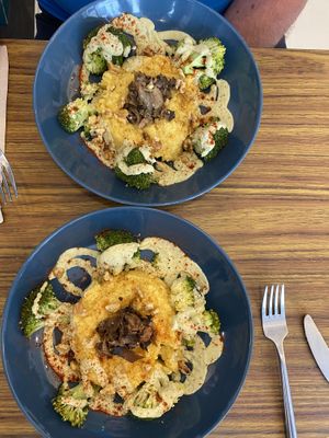 Polenta with with mushrooms, broccoli and a tofu crème. Scoff!   at Le Jardin in Biarritz