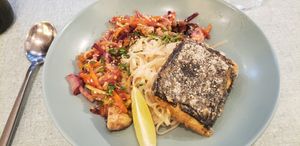 "Fish", rice noodles and veggies at Le Jardin in Biarritz