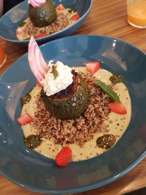 Courgette, asparagus veloute, basil oil pesto, quinoa, strawberry, cant remember what else but stunning.  at Le Jardin in Biarritz