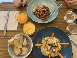 Starters were Houmous and Rice Noodle Salad. House Juice.  at Le Jardin in Biarritz