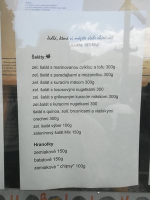 menu at Bistro u Adama in Liptovsky Mikulas
