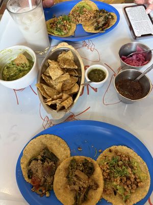 Tacos come with free pickled red onion, spicy green salsa and a mild red salsa   at Taqueria De La Union in Merida
