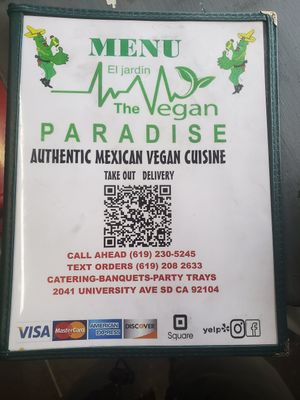 Menu cover at El Jardin The Vegan Paradise in San Diego