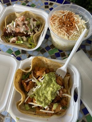 fish taco (top left), equites, and pollo asado taco (bottom)  at El Jardin The Vegan Paradise in San Diego