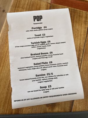 Typical menu  at Sonny's Coffee & Kitchen at Pop Recs in Sunderland
