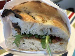 Roasted aubergine focaccia   at Sonny's Coffee & Kitchen at Pop Recs in Sunderland