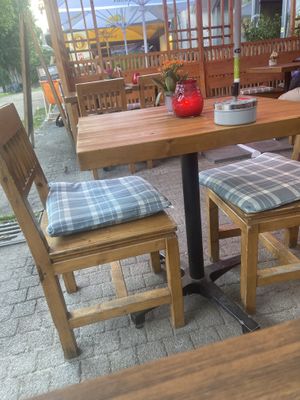 Nice chairs and a canopy to protect us from any rain.  at Cowei in Berlin