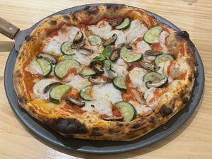 12” vegan cheese and vegetable pizza, 340 baht (plus 7% tax)  at Vegano in Bangkok