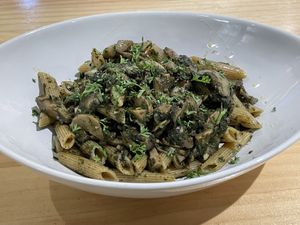 Wholewheat penne with mushroom and pesto sauce, 190 baht (plus 7% tax)  at Vegano in Bangkok