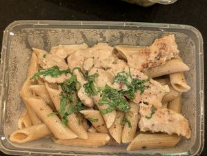 Vegan chicken and cream pasta at Vegano in Bangkok
