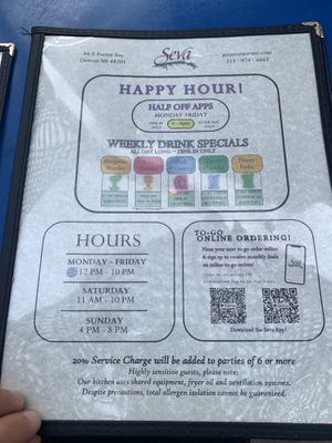 menu 7  at Seva in Detroit