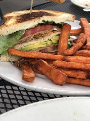 Vegan Club with sweet potatoes fries  at Seva in Detroit
