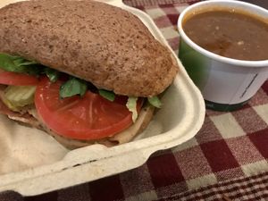 Deli sub with a cup of Moroccan lentil soup at Veggie Grill by Next Level in Beaverton