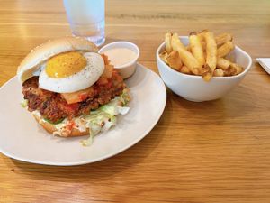 New kimchi burger with the new yo egg — soooooo good!!!!  at Veggie Grill by Next Level in Beaverton