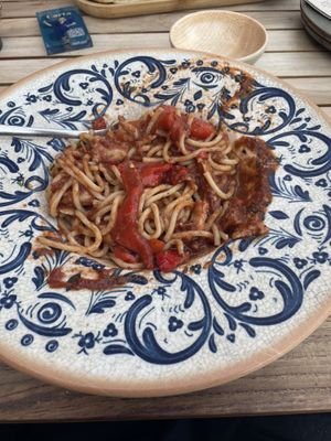 Arrabbiata with vegan chicken   at Bresca - San Antonio in Ibiza