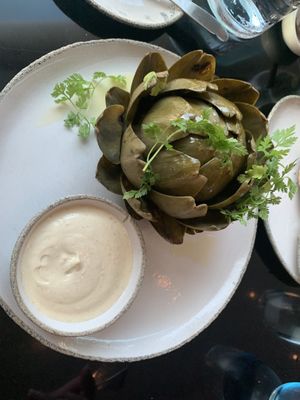 Artichoke with aioli dip   at Motto am Fluss in Vienna