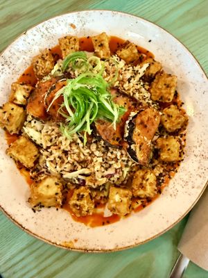 Miso Eggplant & Crispy Rice with no broccoli & extra tofu  at Life Alive Organic Cafe in Cambridge