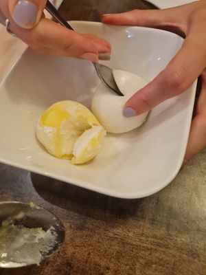 Mochi ice cream balls. Yuzu & Lemon on left, lychee on right at Mécha Uma in Arles