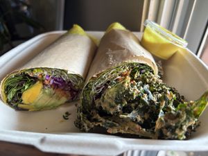 My favorite, Mango Curry Wrap and a side of Kale Chips.  at PEACE PIES in Encinitas