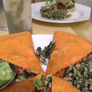 quesadilla & burger in the background.  at PEACE PIES in Encinitas