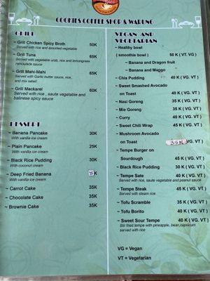 Part of the menu, the vegan section  at Cookies Coffee Shop and Foods in Lembongan