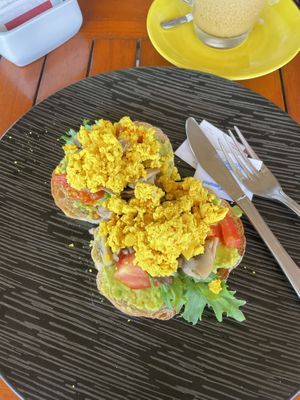 Mushroom and avo on toast (we asked for scrambled tofu on top)  at Cookies Coffee Shop and Foods in Lembongan