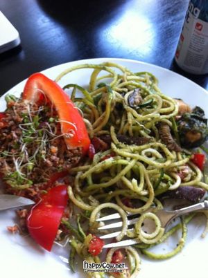 stuffed bell pepper and zucchini pesto primavera at Cafe L.O.V.E. in Durham