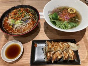 Spicy ramen, veggy ramen and gyoza   at Ippudo 博多 一風堂 Plant Based Studio in Tokyo