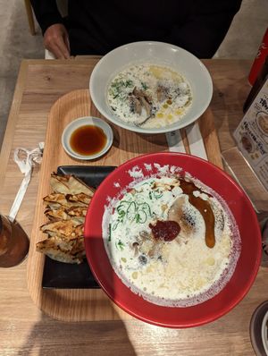 Soy milk ramen and gyoza at Ippudo 博多 一風堂 Plant Based Studio in Tokyo