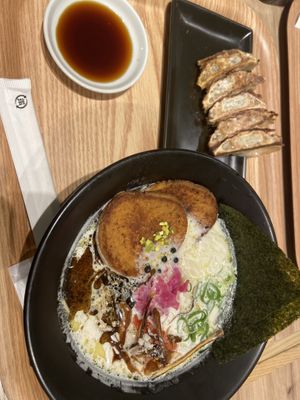 Vegan tonkostu ramen and gyoza   at Ippudo 博多 一風堂 Plant Based Studio in Tokyo