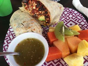 Soyrizo breakfast burrito veganized  at Salud Super Food in Puerto Vallarta