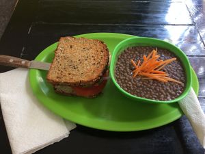 vegan white bean spread sandwich with lentil soup (cost about $5.50) at Salud Super Food in Puerto Vallarta