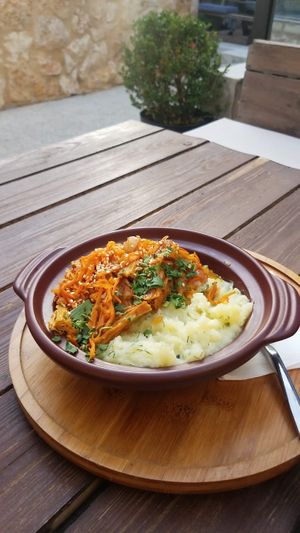 Soybean curd with mashed potatoes at Carob Restaurant in Amman