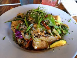 Fried tofu, rice and fried vegetables at The Cafe in Key West