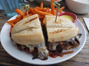 Pepper steak sandwich with sweet potato fries at The Cafe in Key West