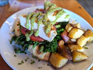 Grilled Tofu Benedict with sauteed kale, grilled tomatoes, avocado hollandaise, grilled bread and breakfast potatoes at The Cafe in Key West