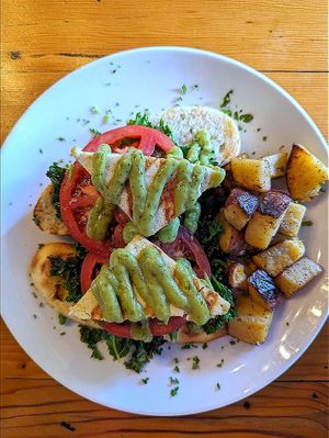 Grilled Tofu Benedict with sauteed kale, grilled tomatoes, avocado hollandaise, grilled bread and breakfast potatoes at The Cafe in Key West