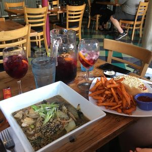 Sangria, ramen bowl, and super tasty meat bowl sub with sweet potato fries at The Cafe in Key West