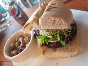 Veggie burger (vegan) with with bread at The Cafe in Key West