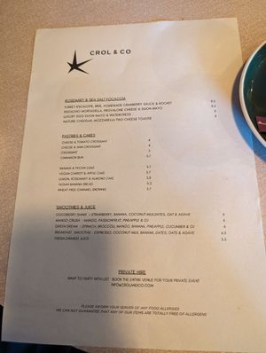 Menu side 1 at Crol & Co in South East London