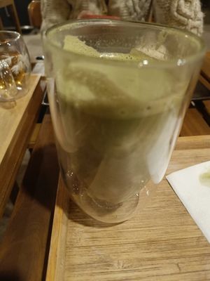 Matcha latte at Carob Hostel in Amman