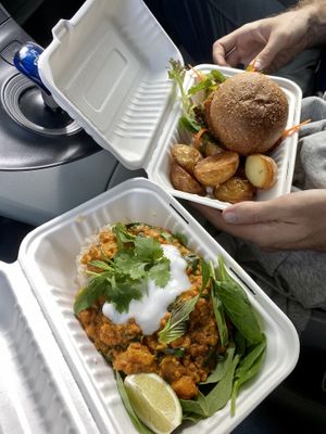 Takeaway curry and burger  at Bamboo Buddha in Holgate