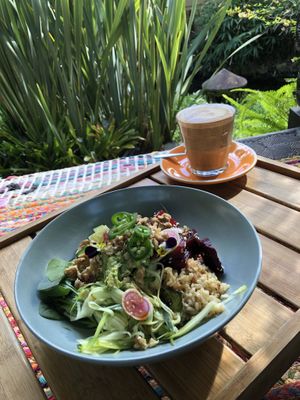 Buddha bowl and autumn latte on soy at Bamboo Buddha in Holgate